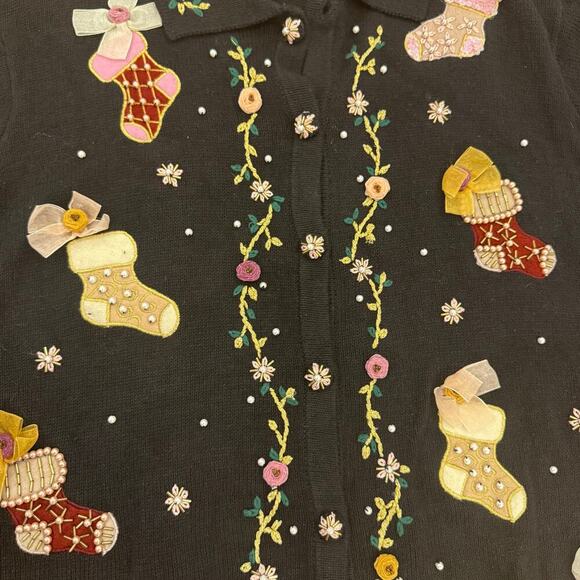 BP Design‎ Vintage Christmas Cardigan Collared Beaded Stocking Black XL Cotton - Picture 4 of 6